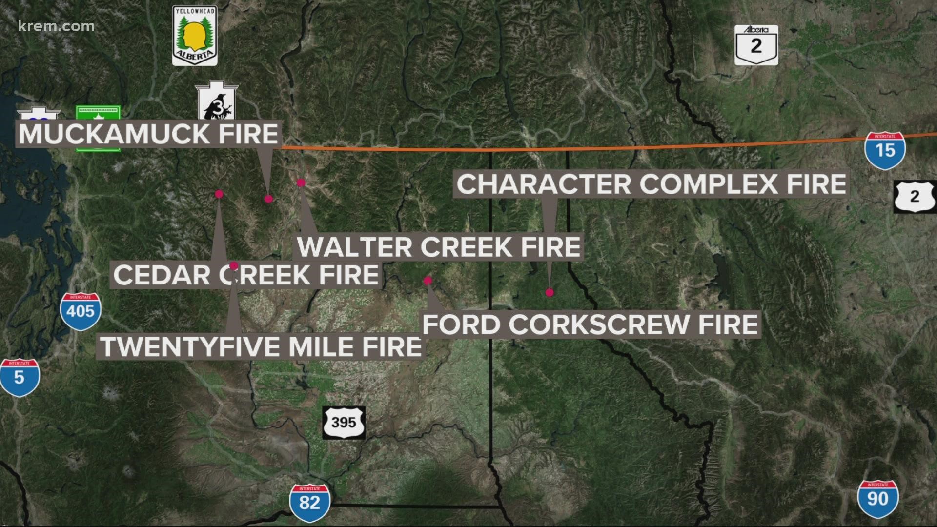 Muckamuck fire, Walker Creek fire, and Corkscrew fire burning across Washington and Idaho