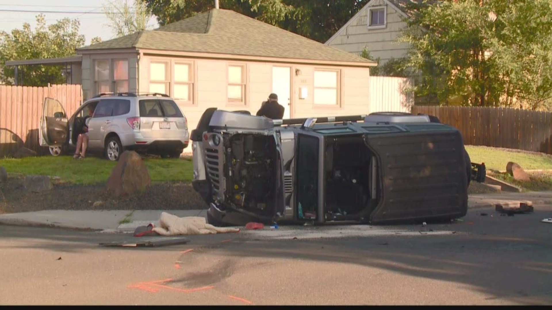 Two people in the Jeep that rolled on its side were taken to the hospital and are expected to survive, authorities said. The passenger in the Jeep was ejected.