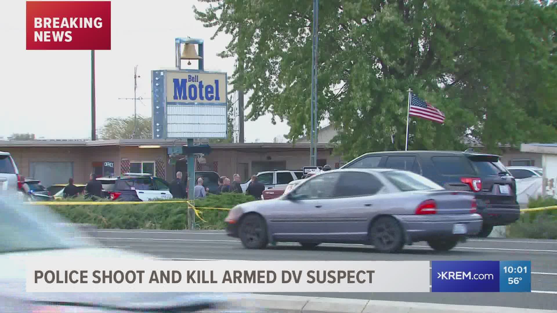 Spokane police shot an armed man near the Bell Motel in Airway Heights.