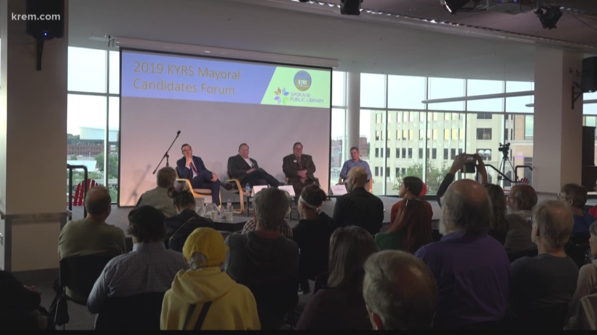 Mayoral candidates Ben Stuckart, Shawn Poole, Jonathan Bingle and Kelly Cruz participated in the forum at the Downtown Library.