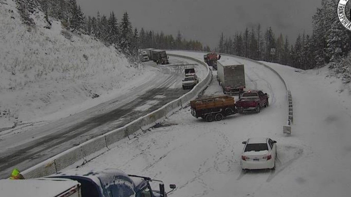 Jackknifed semi-truck blocking all lanes on I-90 near Lookout Pass ...