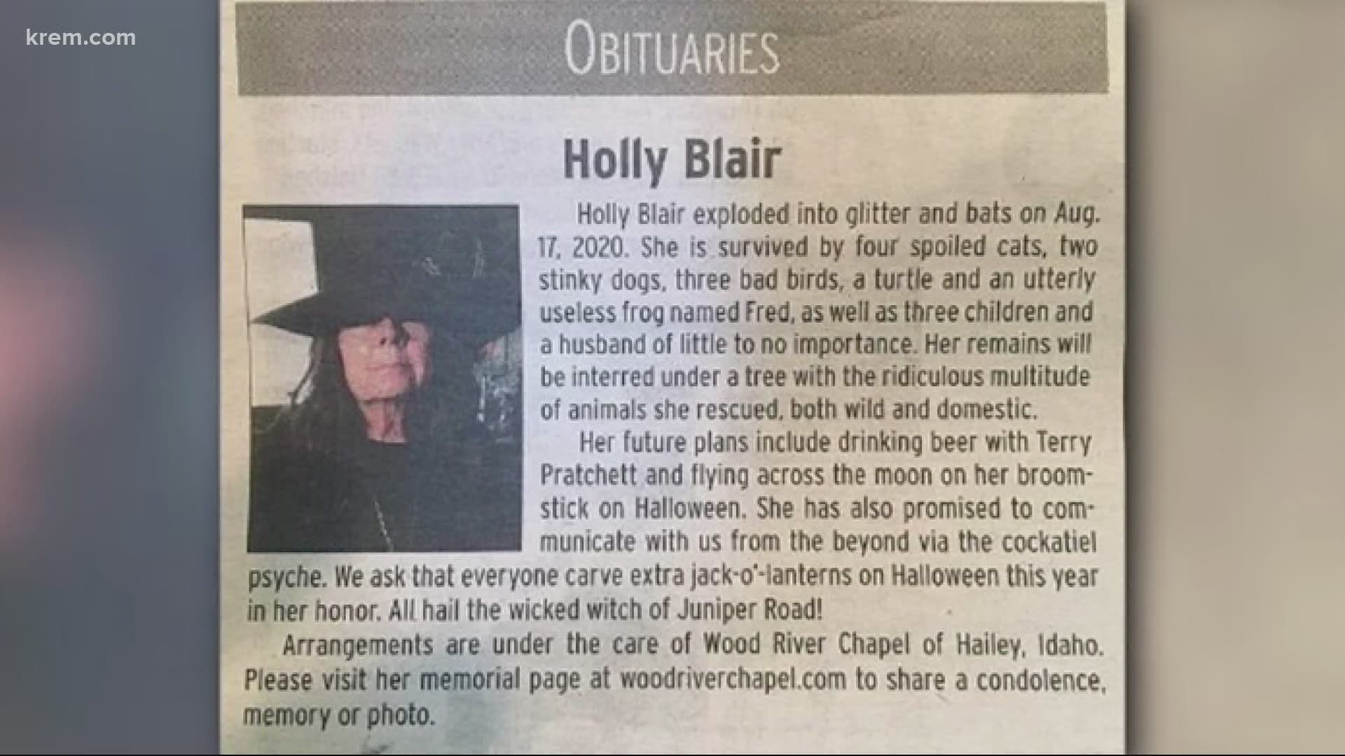Blair leaves behind "four spoiled cats, two stinky dogs, three bad birds, a turtle, and an utterly useless frog named Fred," the obituary reads.