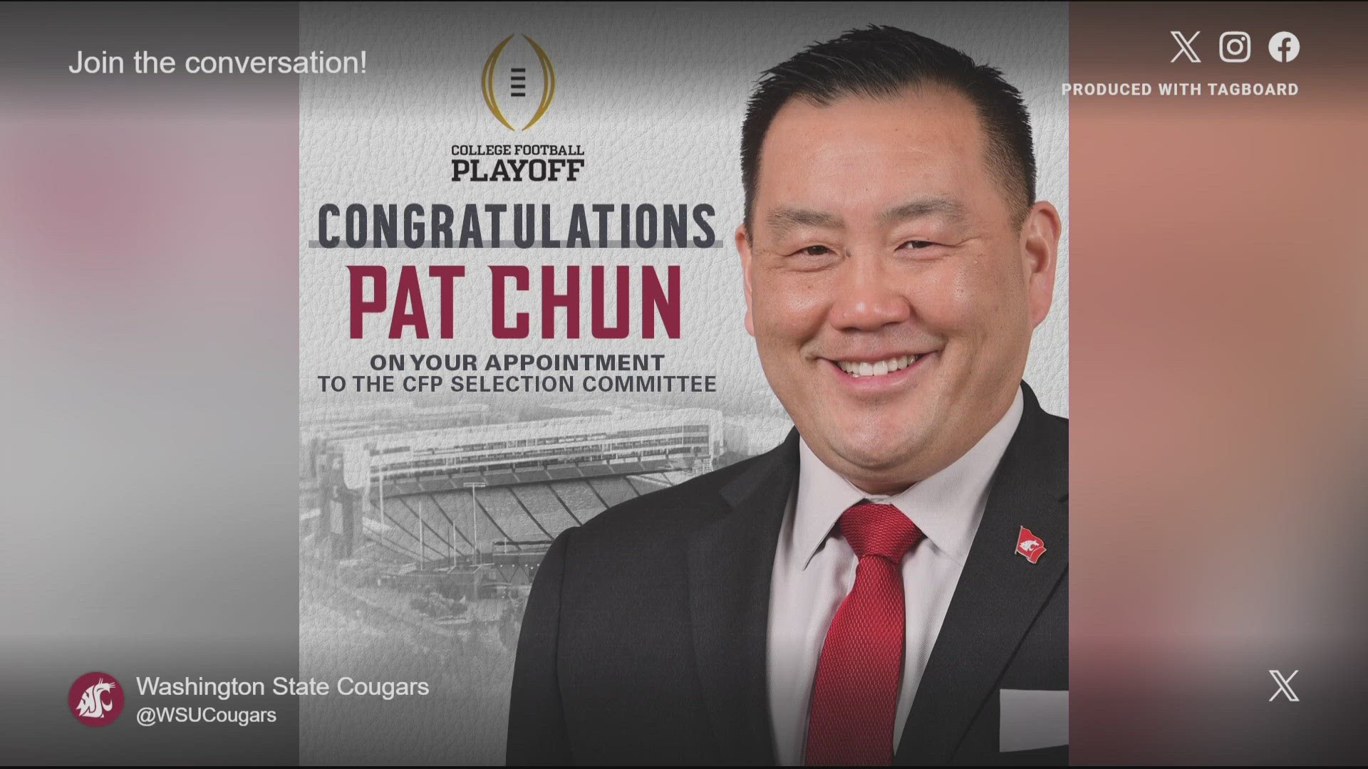 Chun’s addition to the committee gives WSU 2 representatives as WSU President Kirk Schulz is the PAC-12’s representative on the CFP Management Committee.