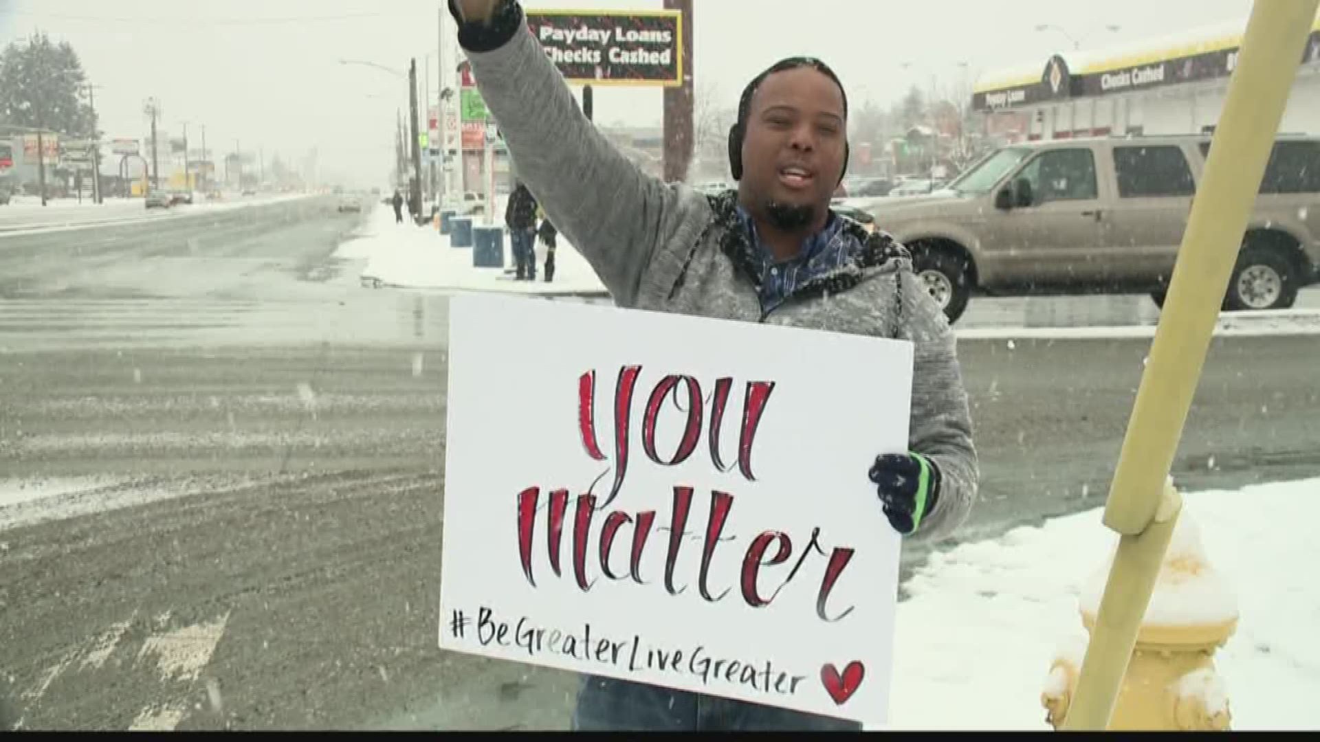 Friday brought a snowstorm to the Spokane area but Terrance Nelson stood outside in the cold reminding people they matter.