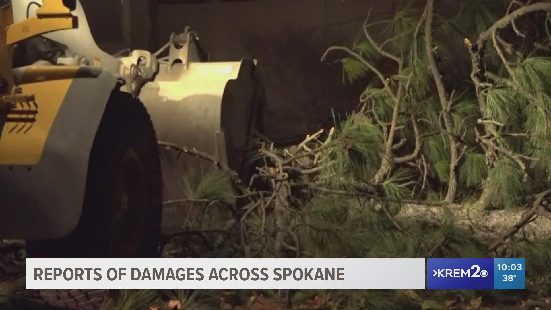 Downed trees fell on homes and cars across the Inland Northwest and blocked roads.