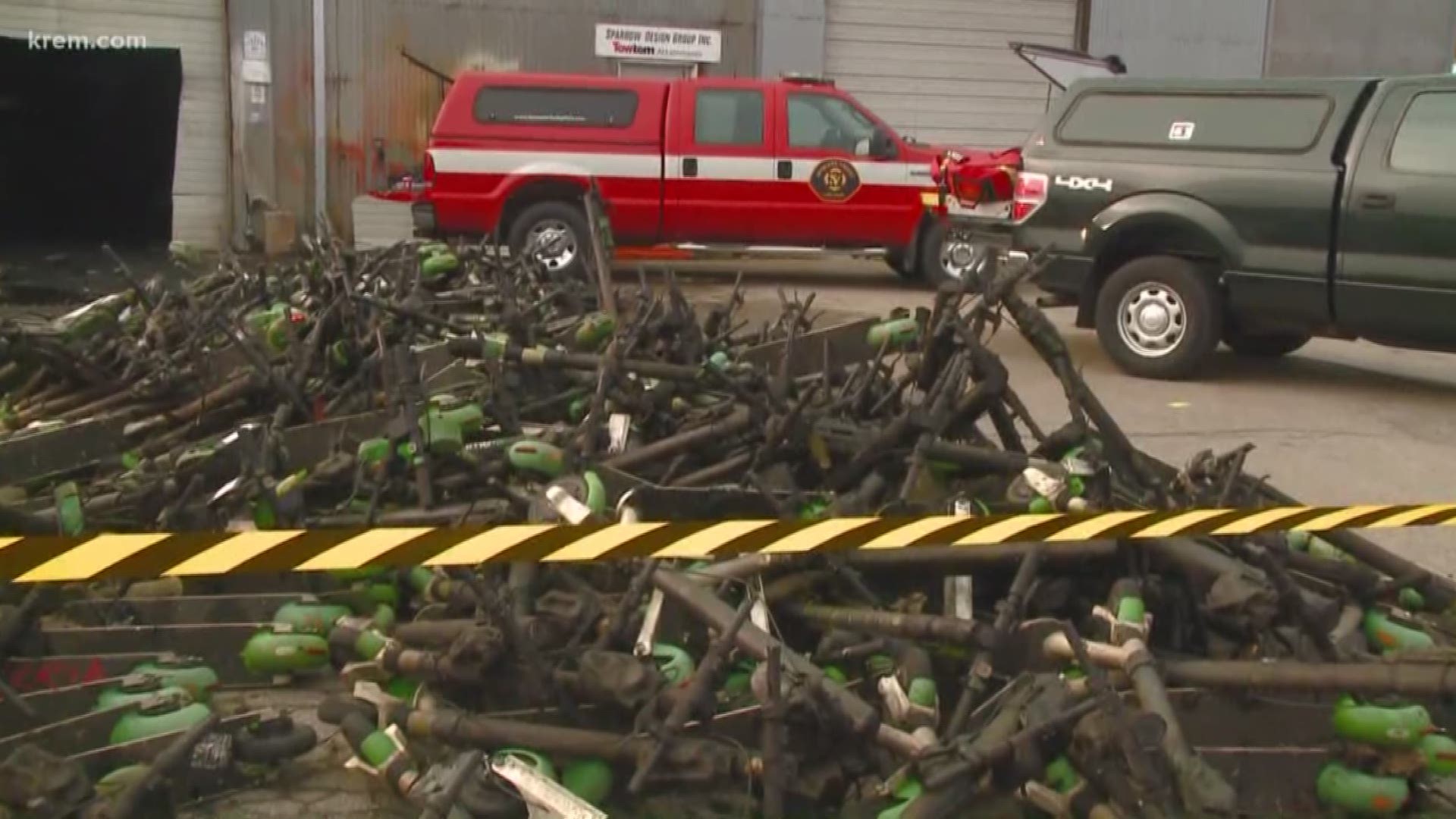 Hundreds of Lime bikes and scooters were burned during maintenance warehouse fire on Sunday. The Spokane Valley Fire Department says they are likely destroyed.