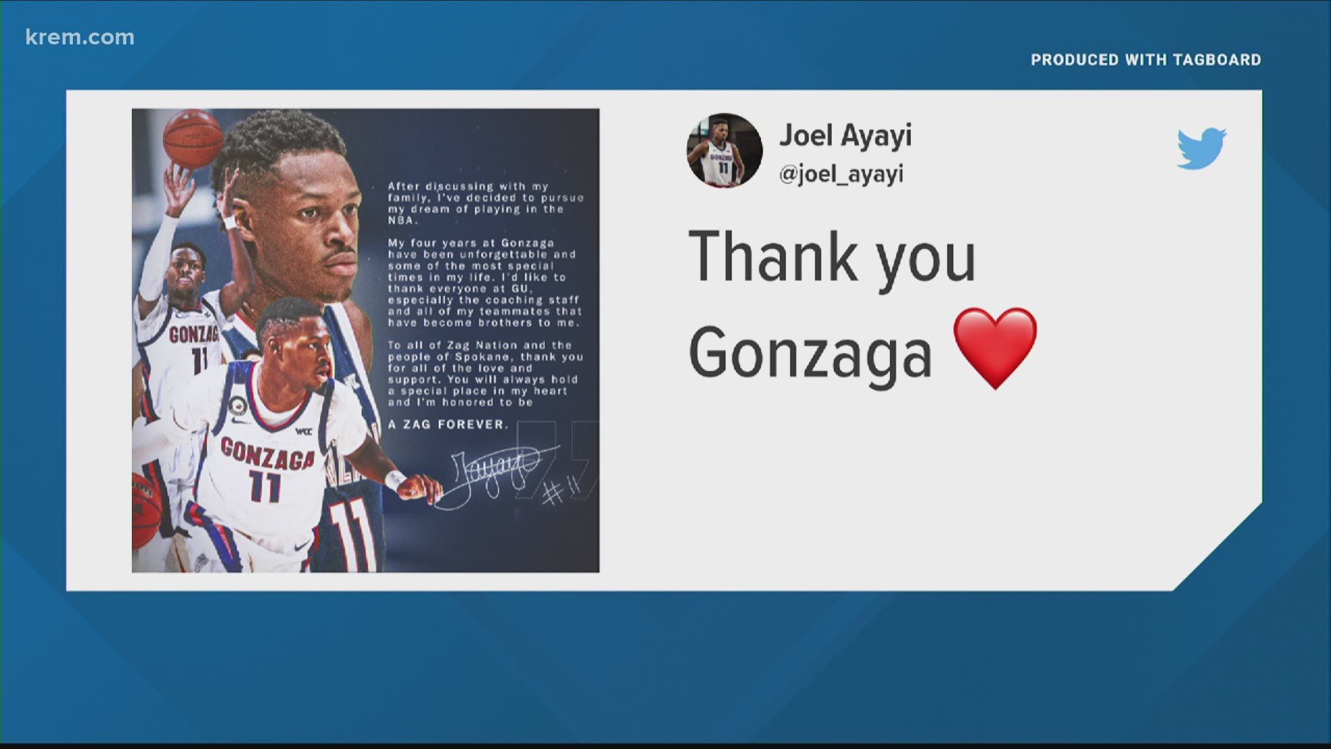 Ayayi thanked his team and Gonzaga fans in post about entering the NBA draft.