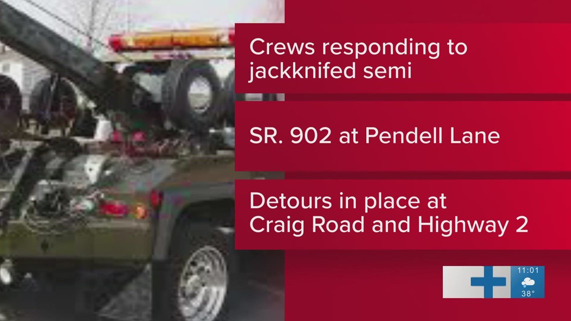 Crews responding to jackknifed semitruck with double trailers on State