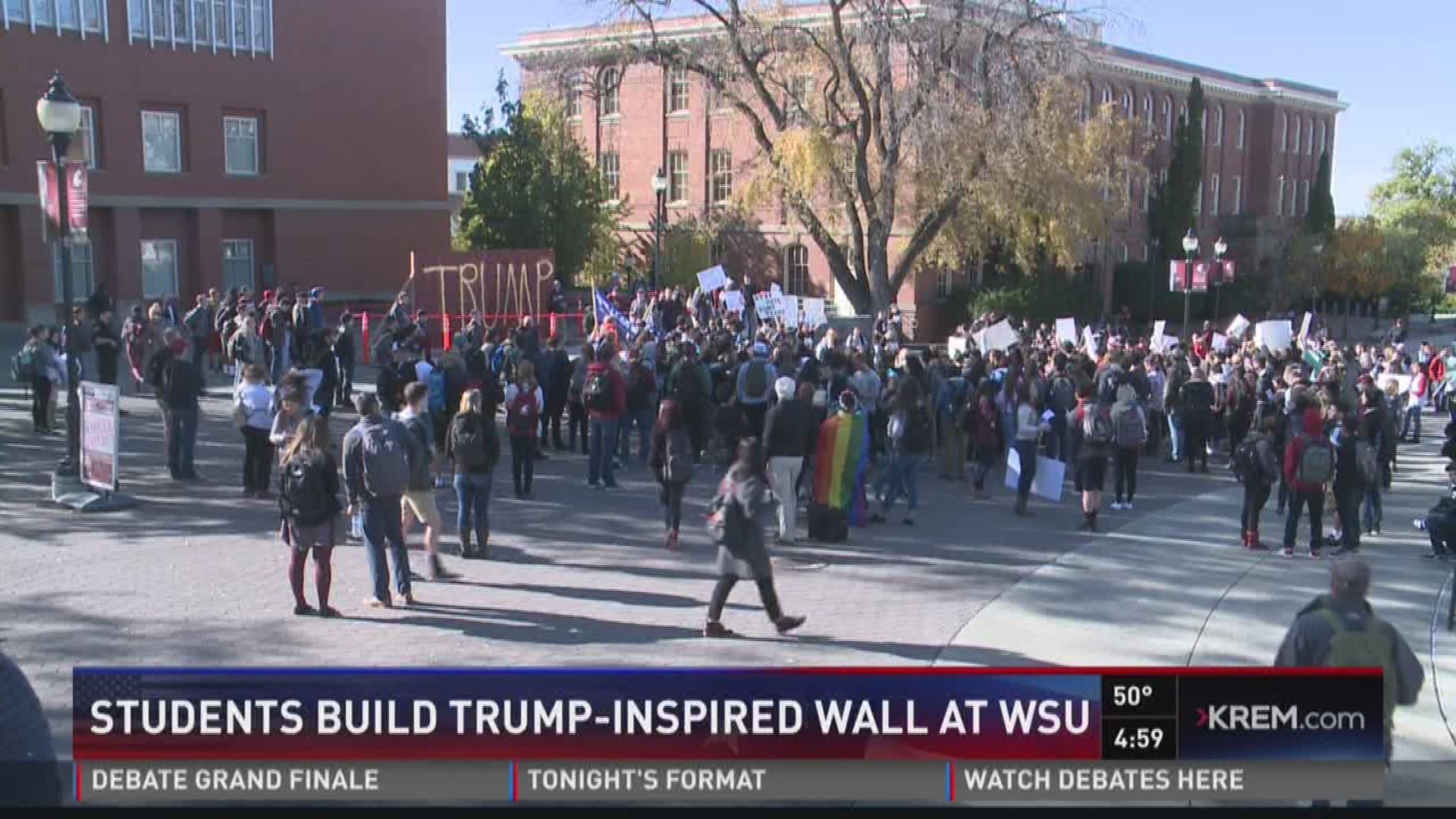 The College Republicans group on campus decided to build the wall, as a way to show support for Donald Trump and his proposed immigration wall on the Mexico border.KREM 2's Whitney Ward has the story (10/19/16)