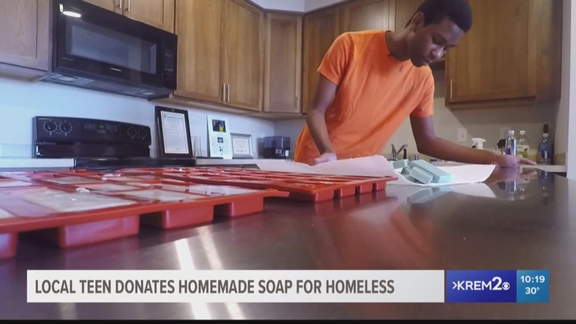 Every month, Donovan Smith works in his kitchen to make soap that he can donate to those in need.