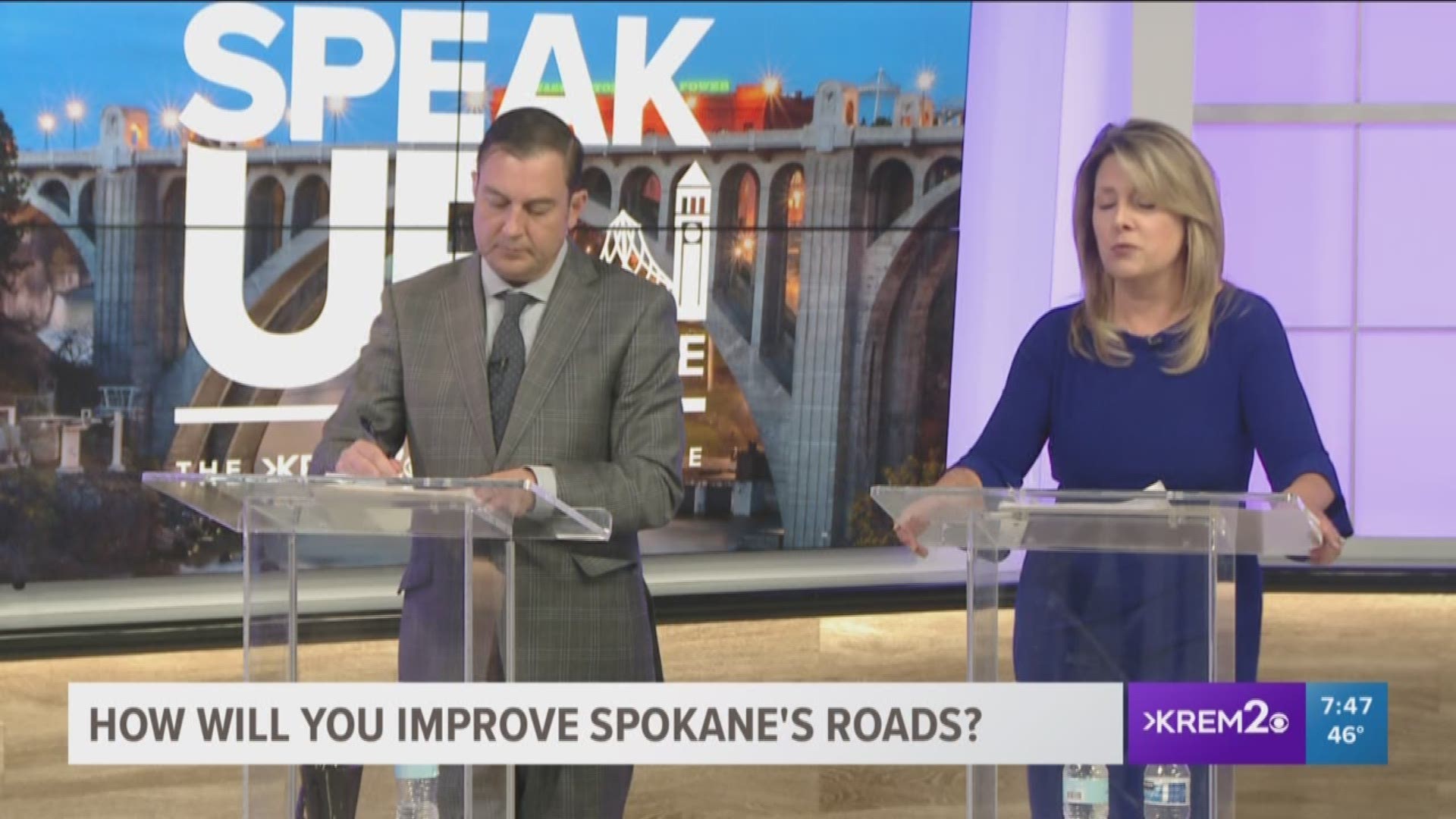 Both candidates respond to a question asking how they plan to improve road conditions in Spokane.