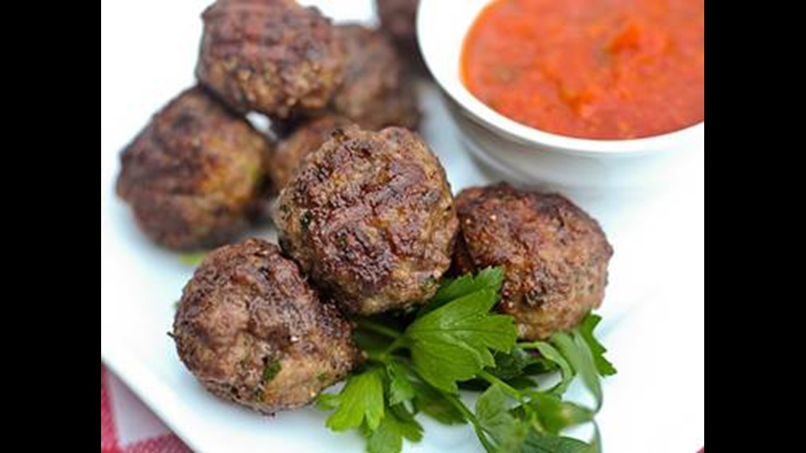 Tom's BBQ Forecast Grilled meatballs with marinara