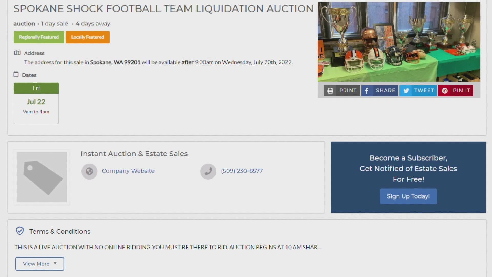 Instant Auction and Estate Sales is planning to auction off hundreds of leftover Spokane Shock items, including jerseys, merchandise, office furniture and trophies.
