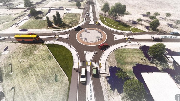 Roundabout construction closing Sprague and Barker intersection in Spokane Valley