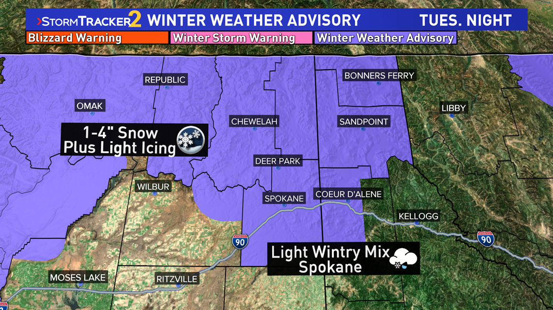 Winter weather mix headed for Spokane on Tuesday