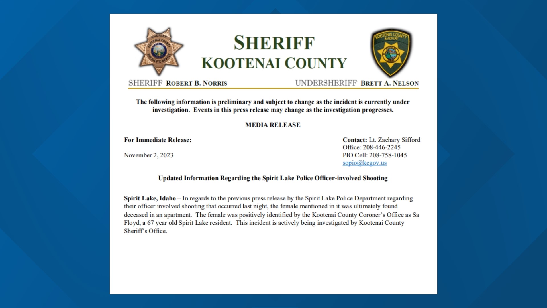 Kootenai County officials address Spirit Lake police shooting