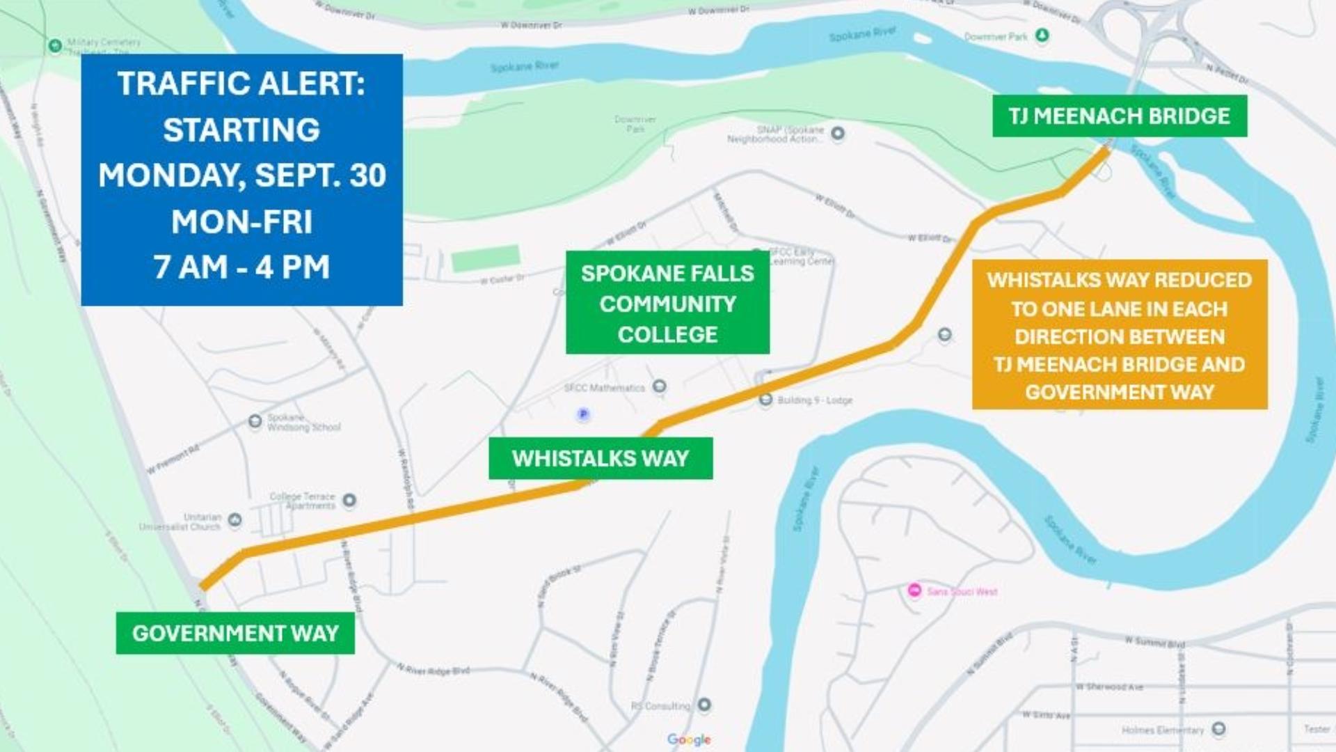 According to the City of Spokane, street maintenance and improvement work is taking place on Whistalks Way between the TJ Meenach Bridge and Government Way.