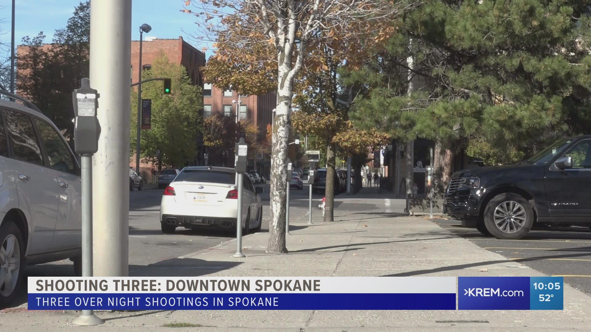 The incidents occurred Friday night and early Saturday morning, including a fatal shooting in downtown Spokane.