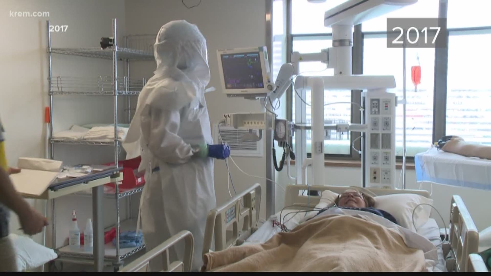 This is video from 2017 showing a training exercise inside Sacred Heart's isolation unit. At that time, hospital staff were simulating how to treat an Ebola patient
