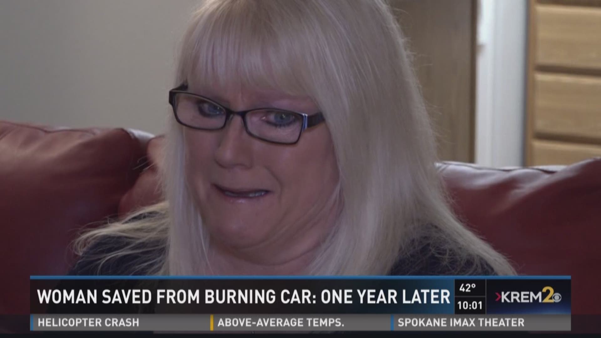Woman saved from burning car: one year later
