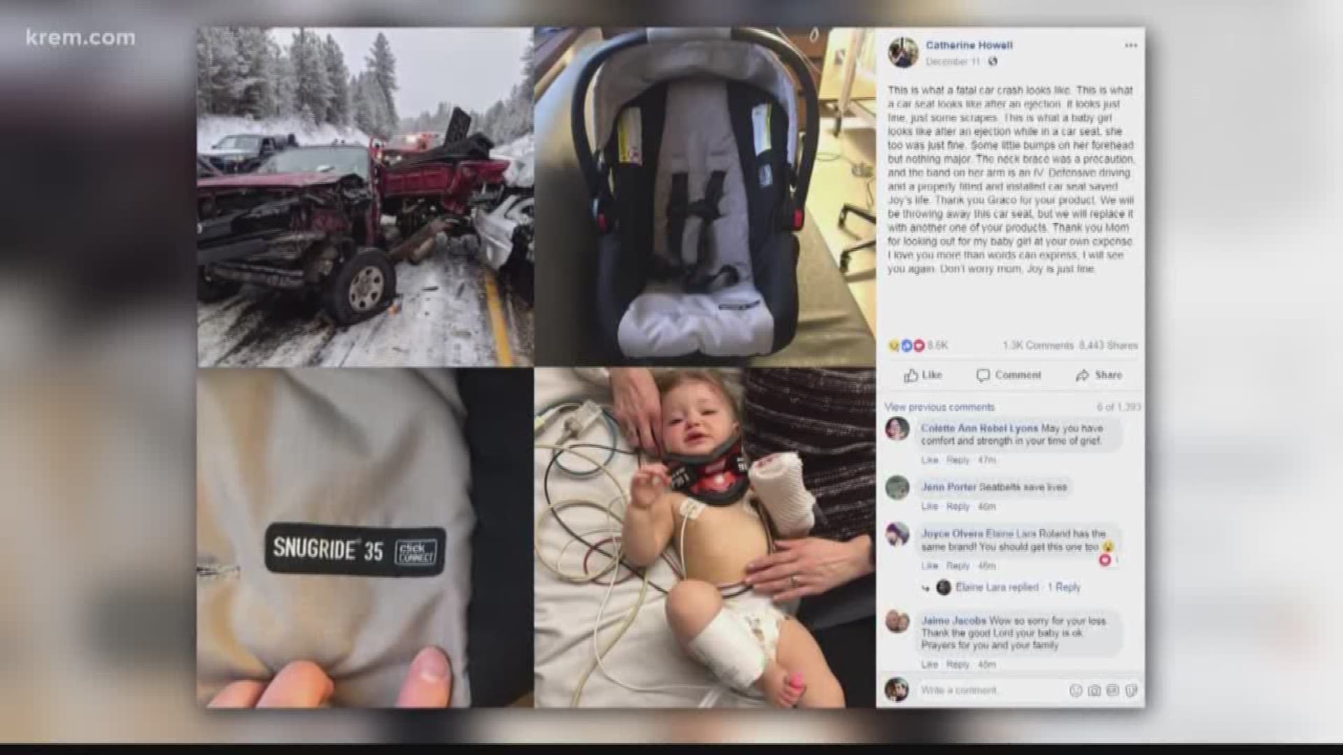 Catherine Howell posted on Facebook about the crash. She said her daughter was ejected from the car during the crash. She was found 60 yards away from the crash site, Howell's husband Josh said.