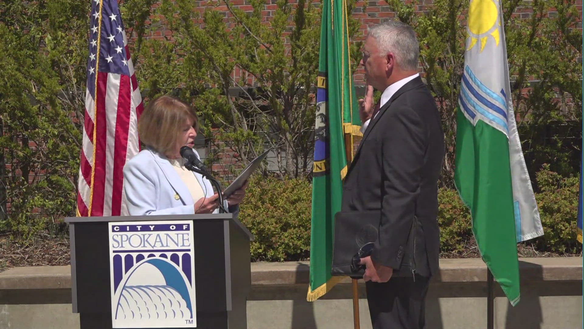 The mayor swore Chief Hall in at a ceremony at the Tribal Gathering Place just outside of Spokane City Hall.