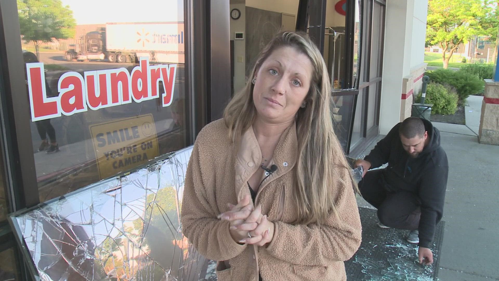 A Jeep caused thousands of dollars in damages after it crashed through the doors at Laundry Land in Spokane. The manager said the thief took only a comment box.