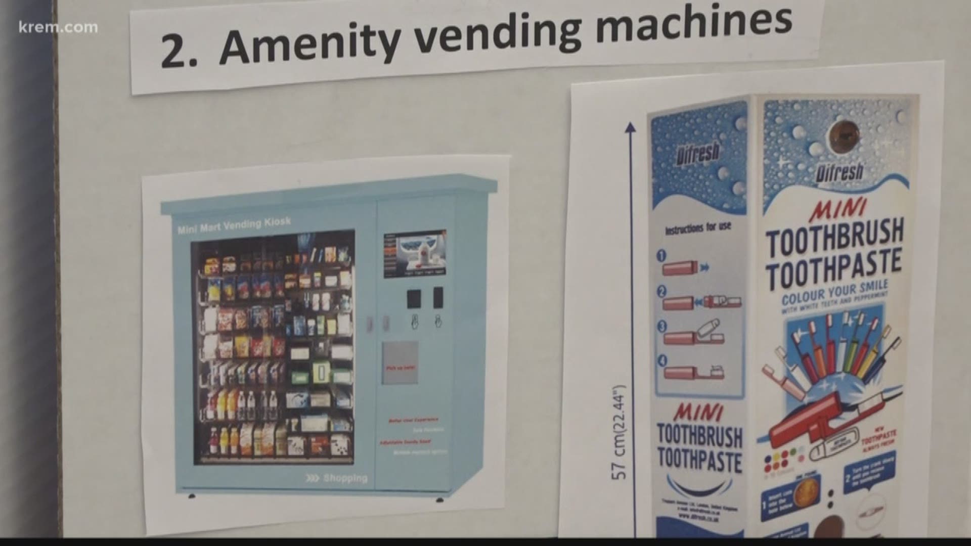 The machines for amenities would hold items such as lip balm, lotion and feminine hygiene products.