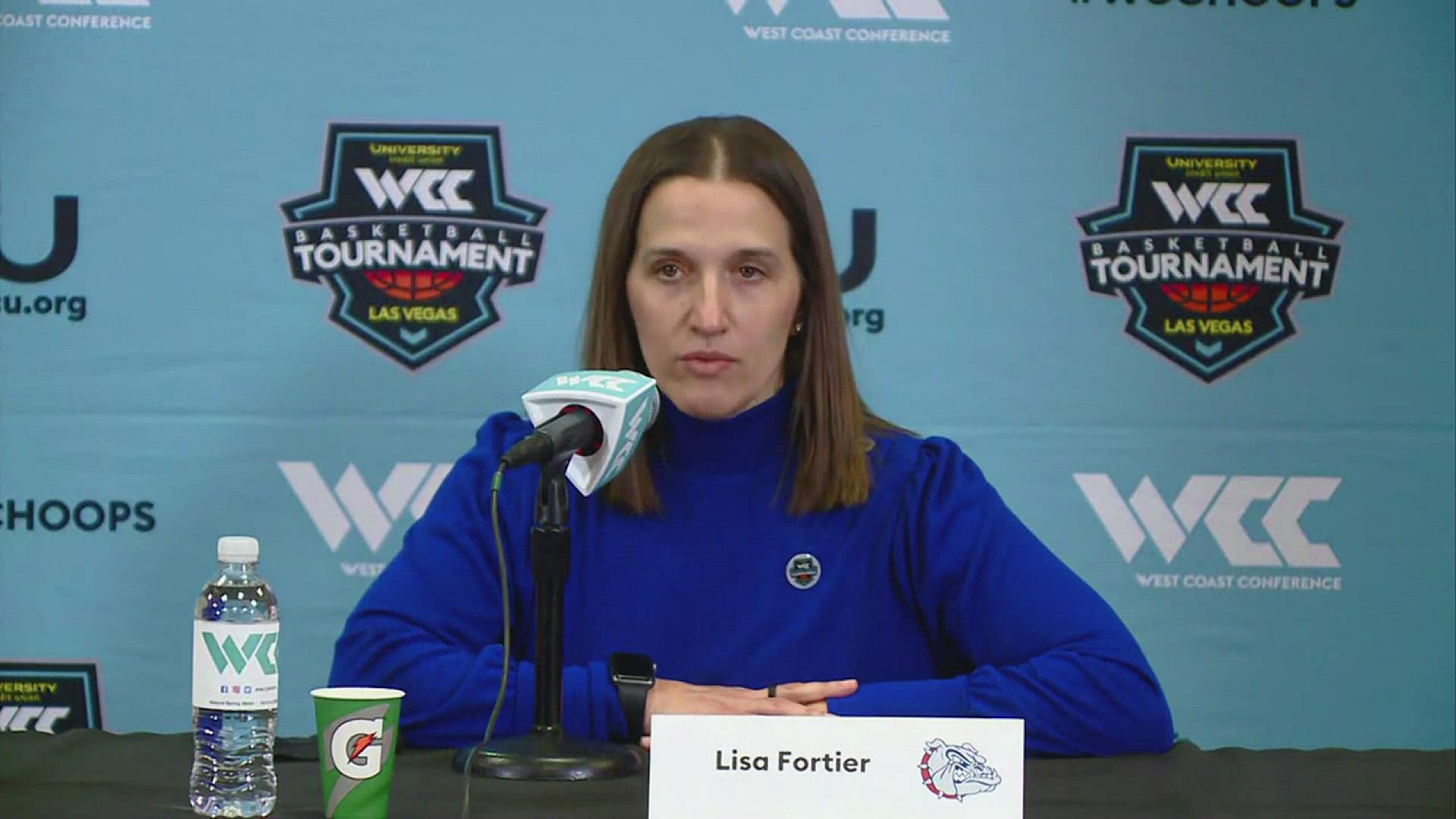 Gonzaga women's basketball coach Lisa Fortier and players Kaylynne Truong and Yvonne Ejim talk with media following the team's win over San Francisco.