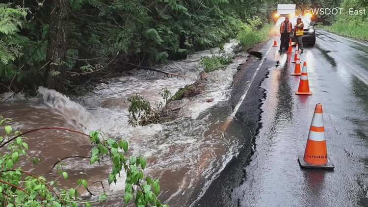 Heavy rain causes damage on State Route 206 in Mount Spokane