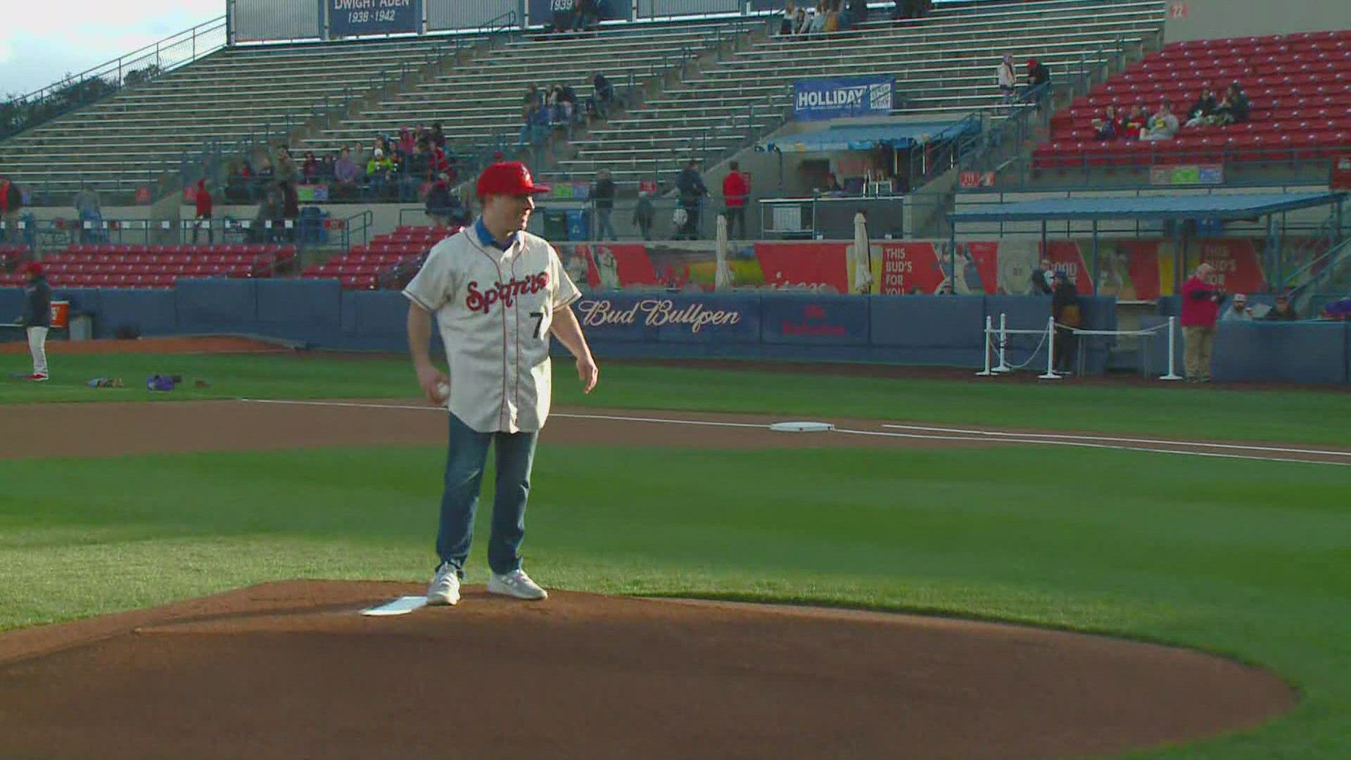 KREM 2's Travis Green throws the first pitch for the Spokane Indians' home opener while Mark Hanrahan, Jeremy LaGoo and Whitney Ward cheer him on!