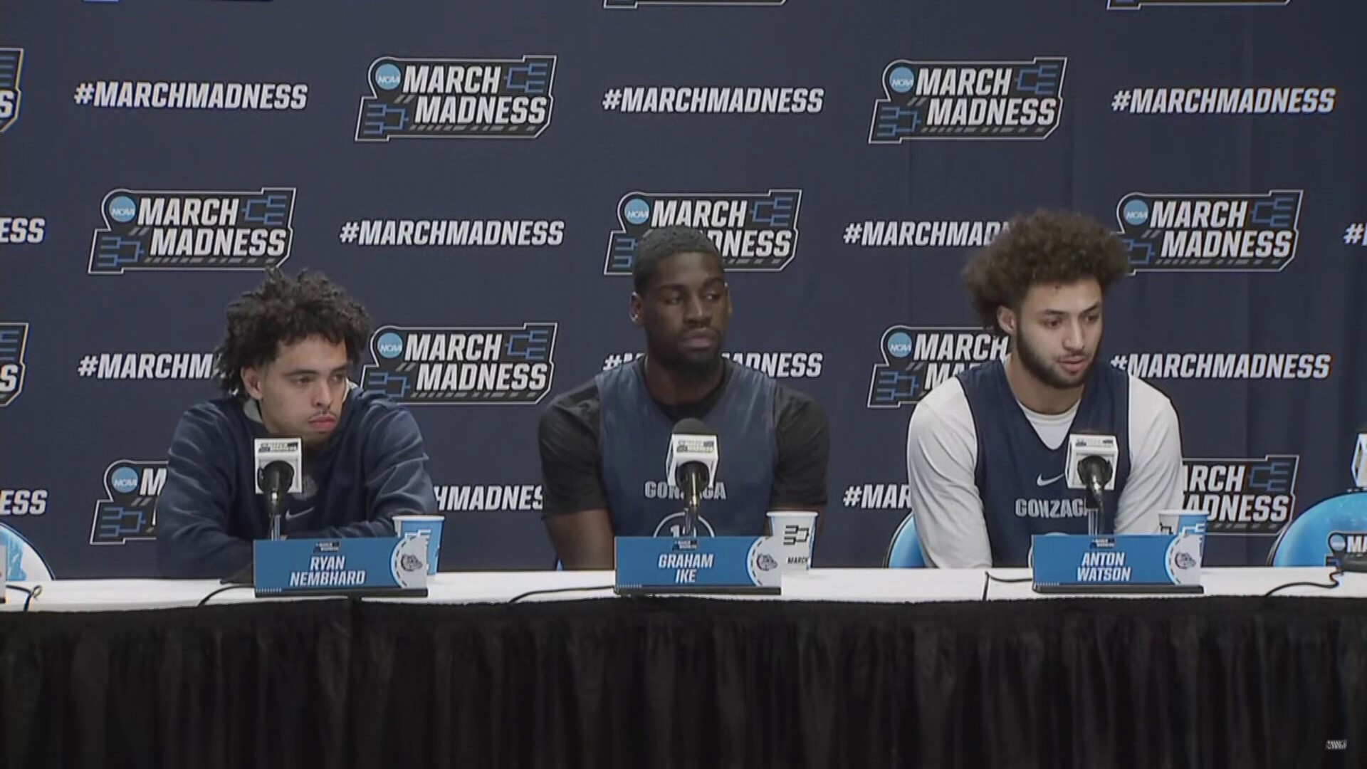 Members of the Gonzaga men's basketball team talk with the media ahead of their first-round game against McNeese in the NCAA Tournament.