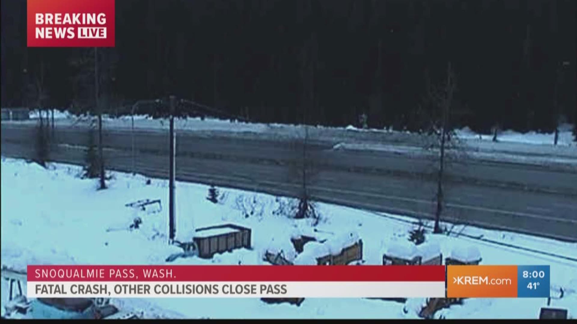 Washington State Patrol Trooper John Bryant said there is one confirmed fatality in a crash involving three semi trucks and one car on Snoqualmie Pass.