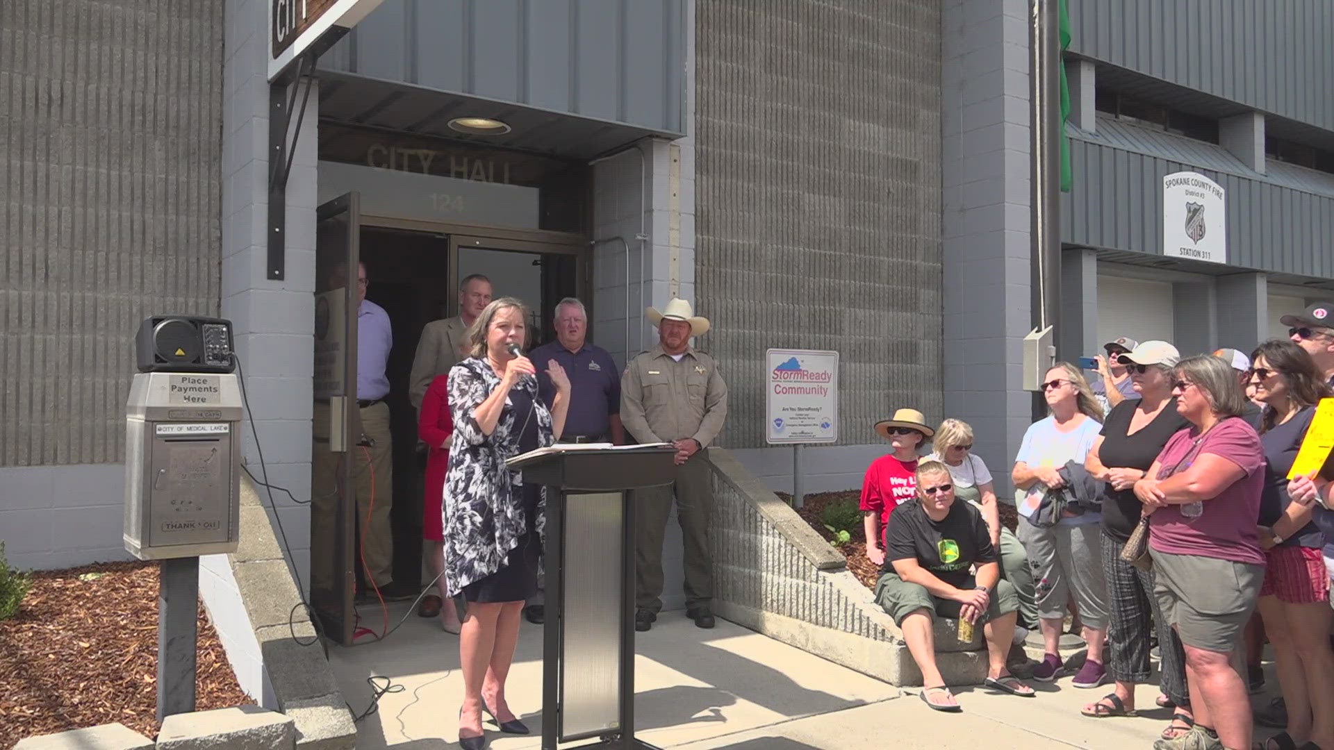 Dozens of people attended a press conference in Medical Lake on Sunday to oppose turning the Pine Lodge Corrections Center into a homeless shelter.