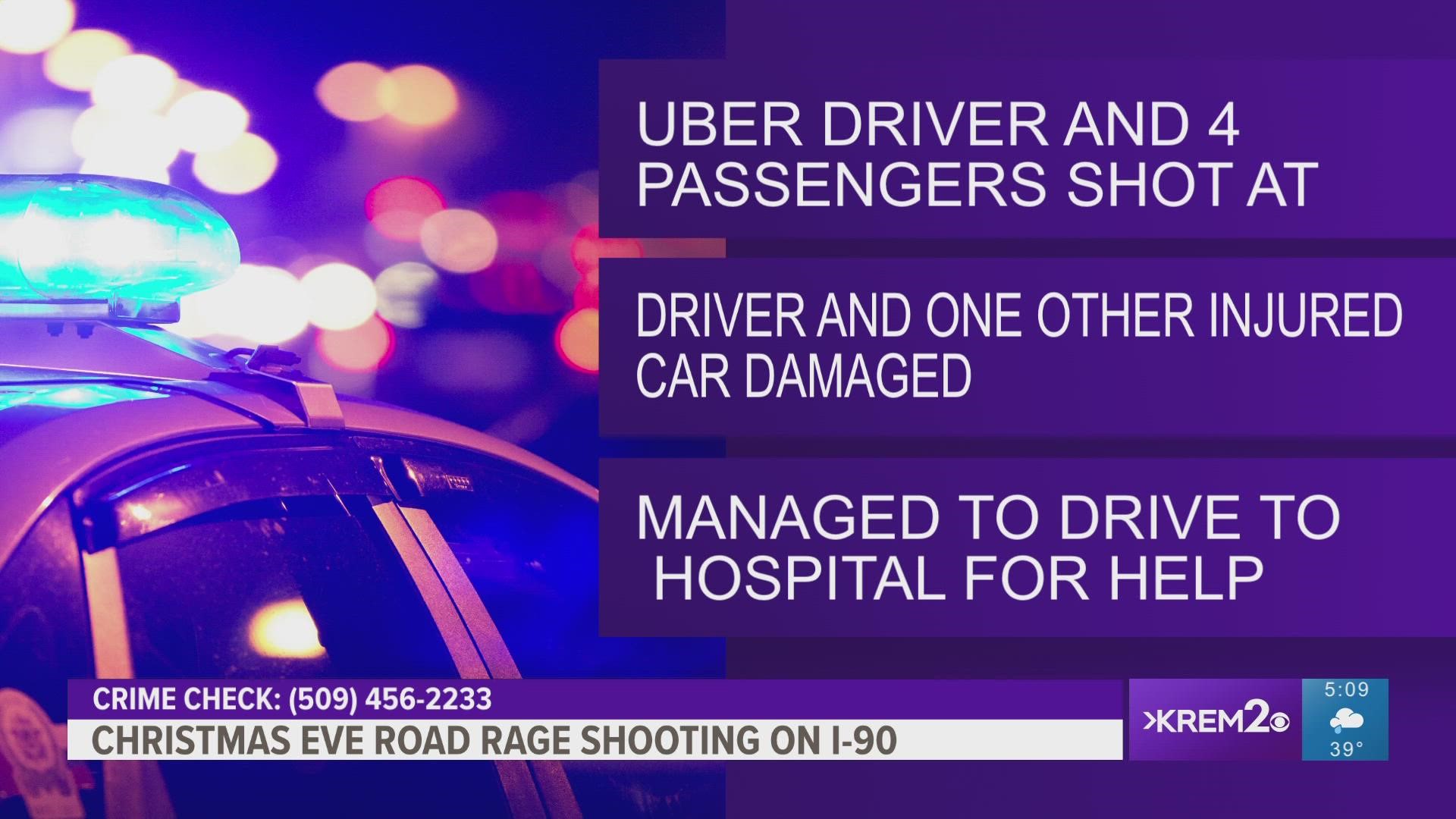 The Uber driver and a passenger were shot, and another gunshot damaged the car.