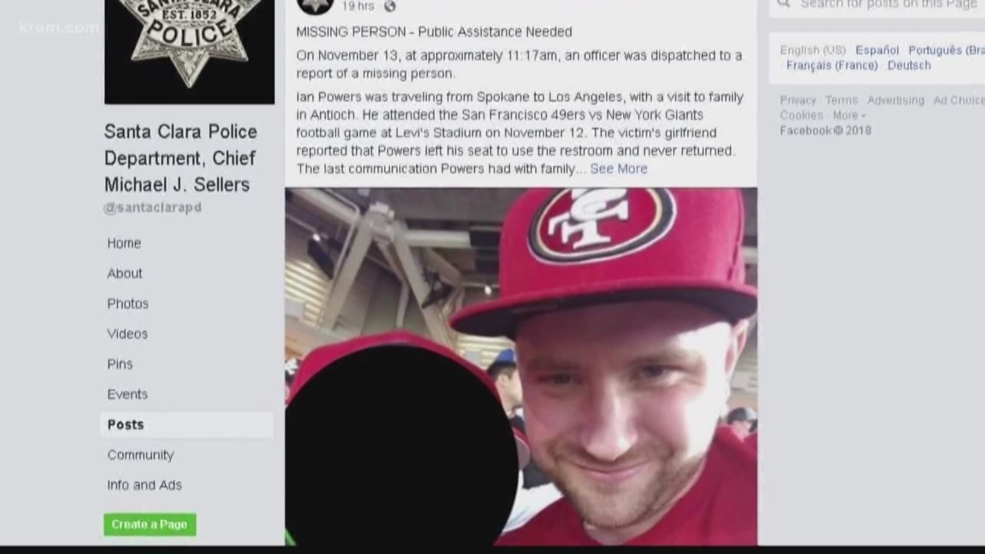 Ian Powers attended a 49ers game at Levi's Stadium in Santa Clara on Monday. His girlfriend reported that he left his seat to use the restroom and never returned, police said.