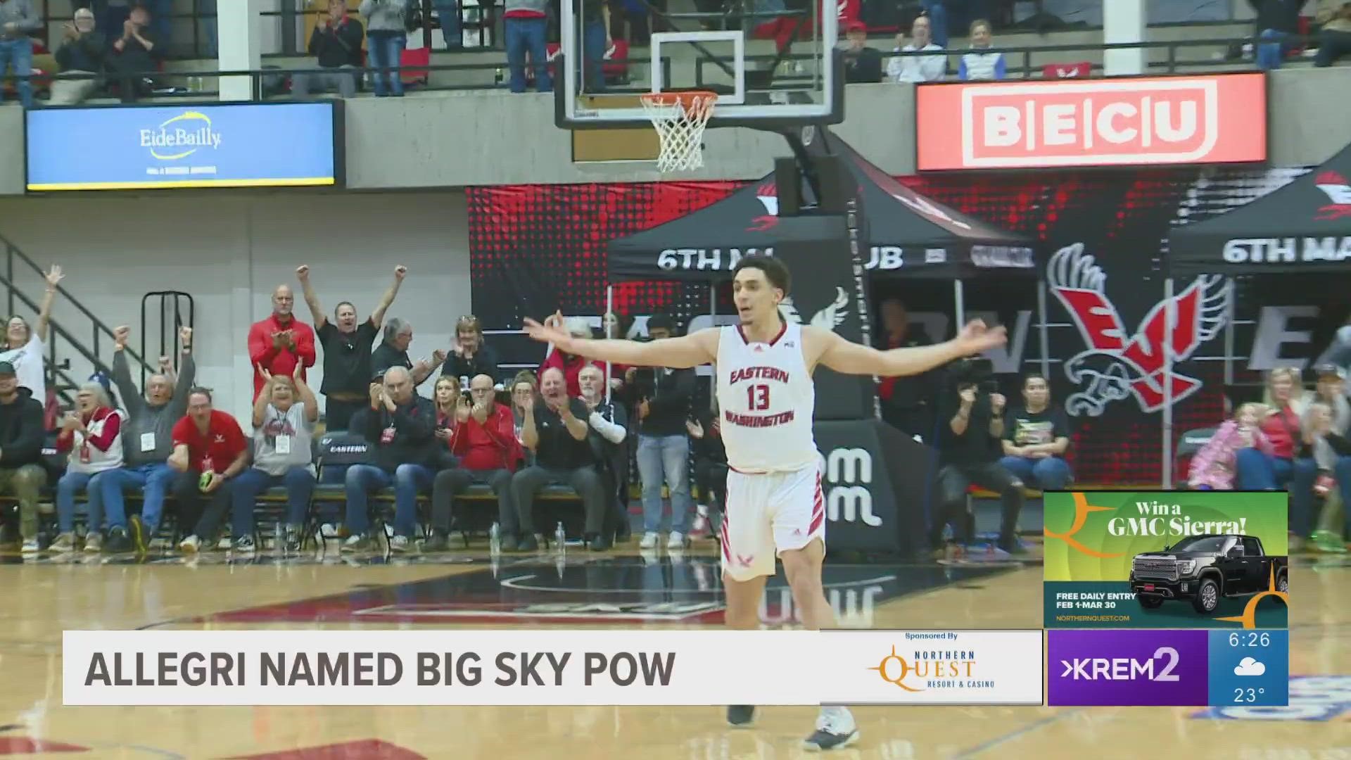 Eastern Washington guard Angelo Allegri named the Big Sky Player of the Week after averaging 22.5 points per game.
