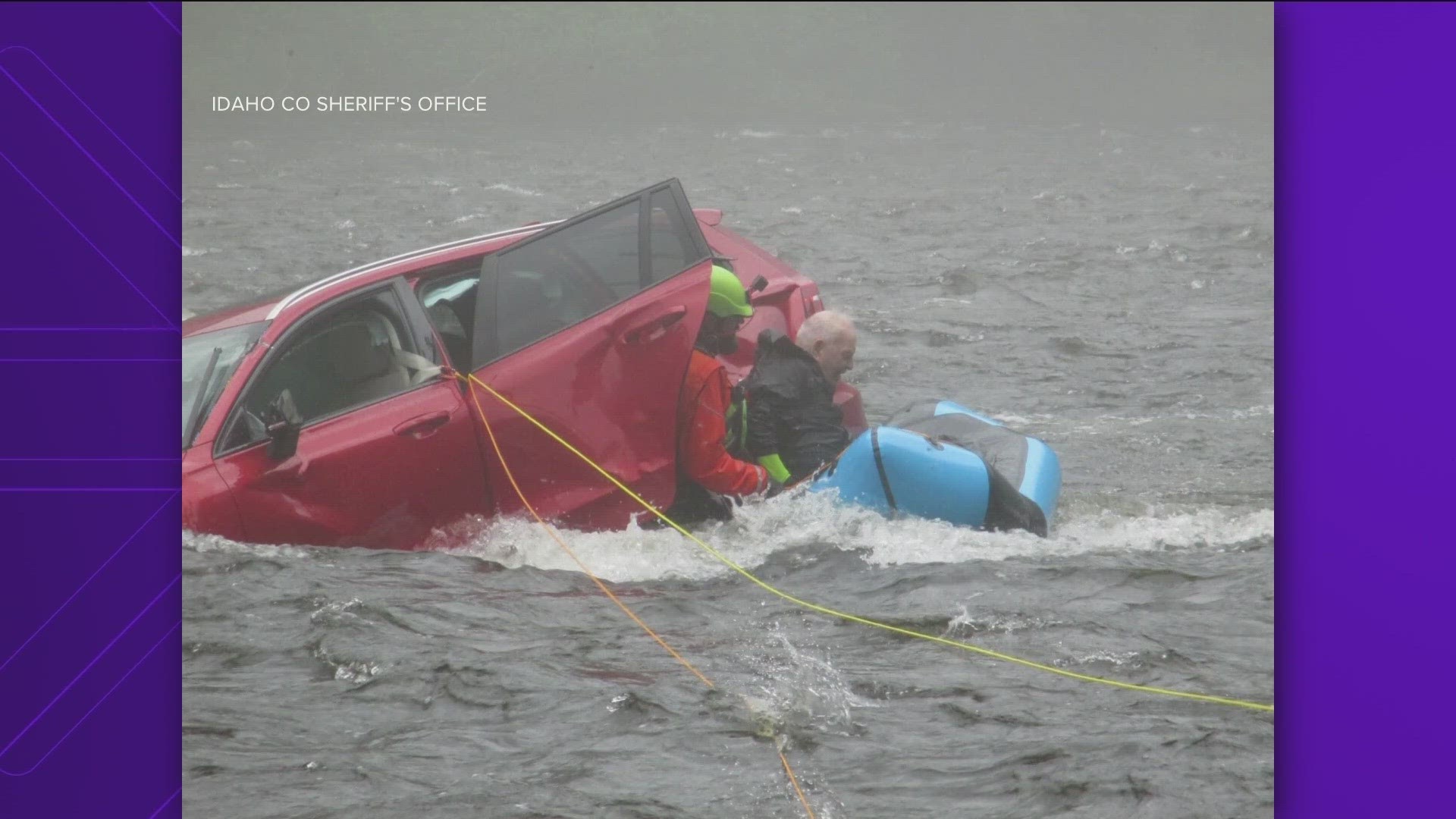 A firefighter with the US Forest Service used his own rafting equipment to make the rescue. The man was stuck in his vehicle roughly 50 feet from the river bank.