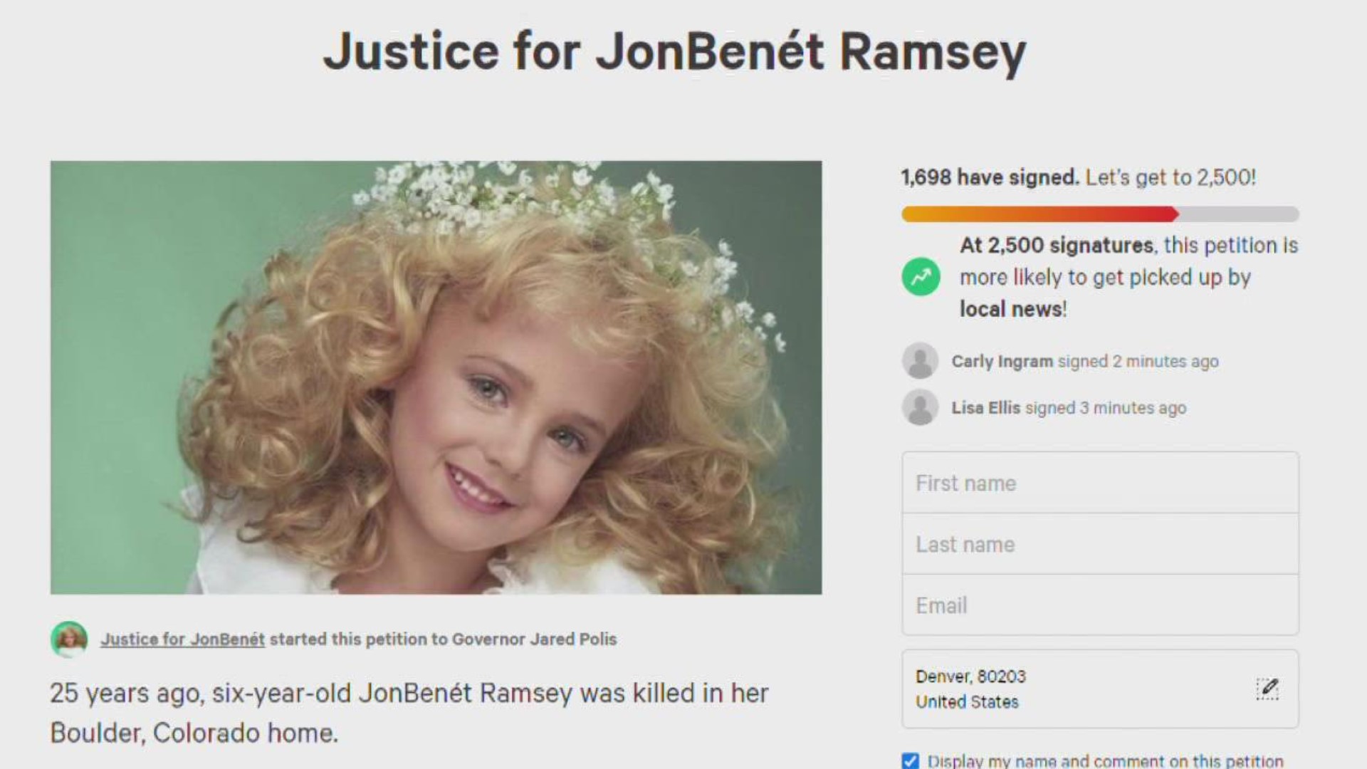 JonBenét Ramsey case Petition aims to move case out of Boulder