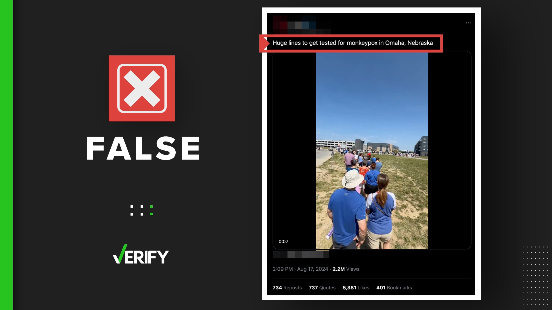 A video shared online doesn’t show mpox, or monkeypox, testing in Omaha. It’s a line for a Tim Walz rally. There are no reported cases of the disease in the U.S.
