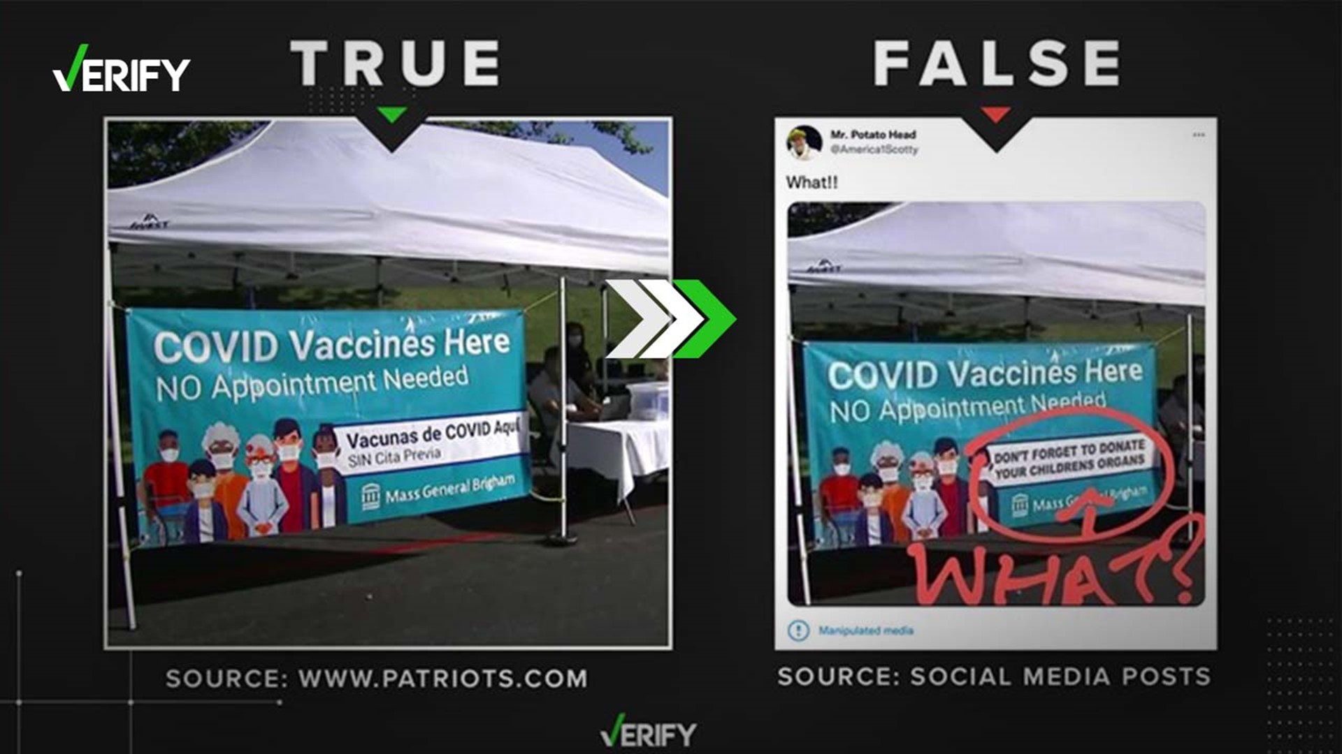 The original photo advertises that COVID-19 vaccines can be found at the tent without an appointment, with a Spanish translation below in the white box.