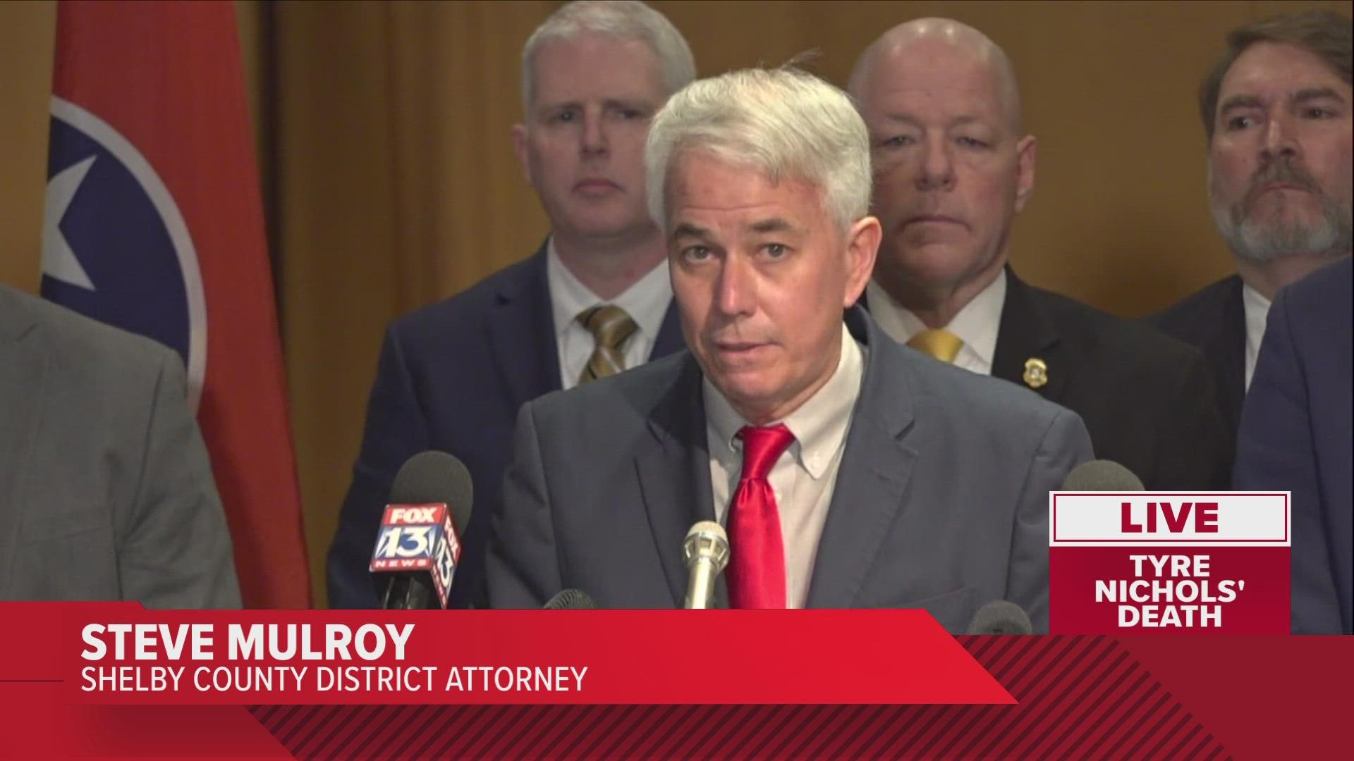 Shelby County District Attorney Steve Mulroy announces charges, including murder and kidnapping charges, against five MPD officers indicted in Tyre Nichols' death.