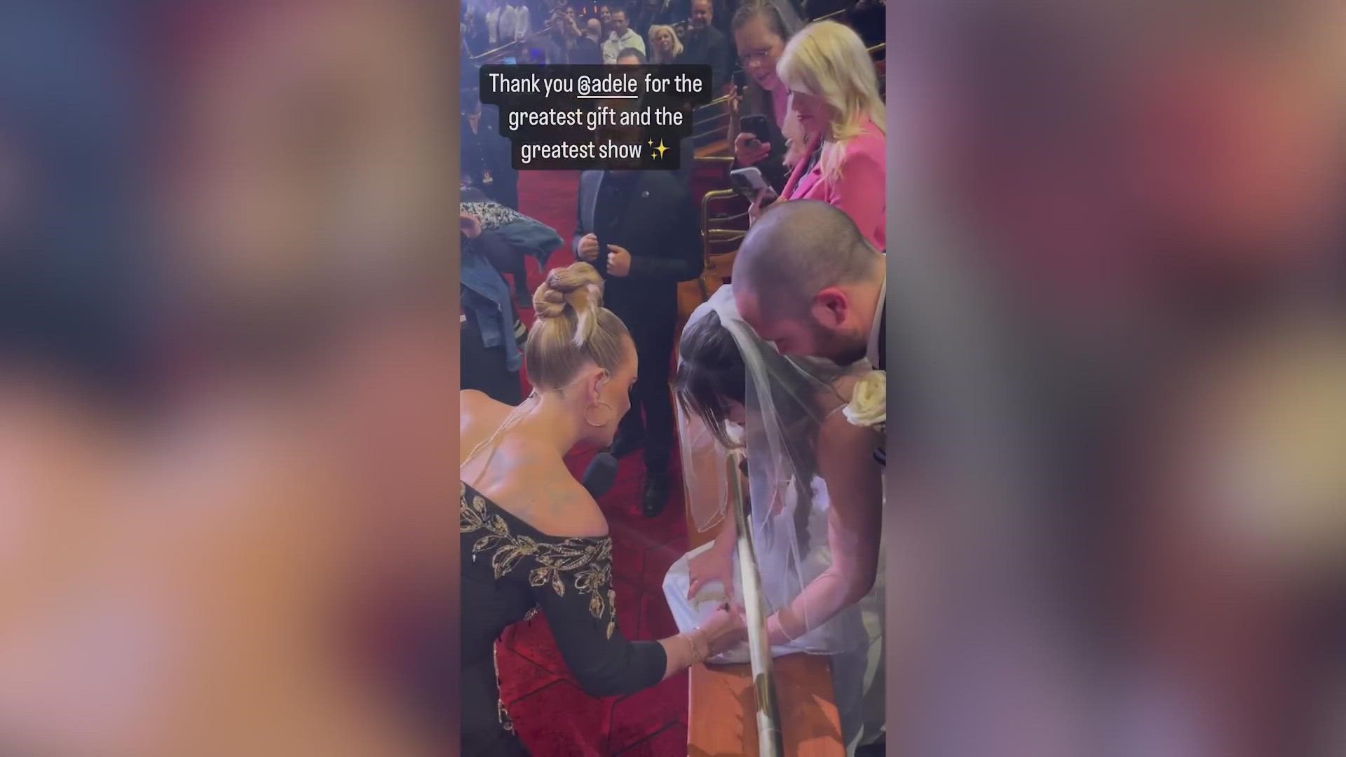The bride shared the video on her Instagram saying it's been a 7-year dream for Adele to sing at their wedding. Instead, they went to her Las Vegas residency show.