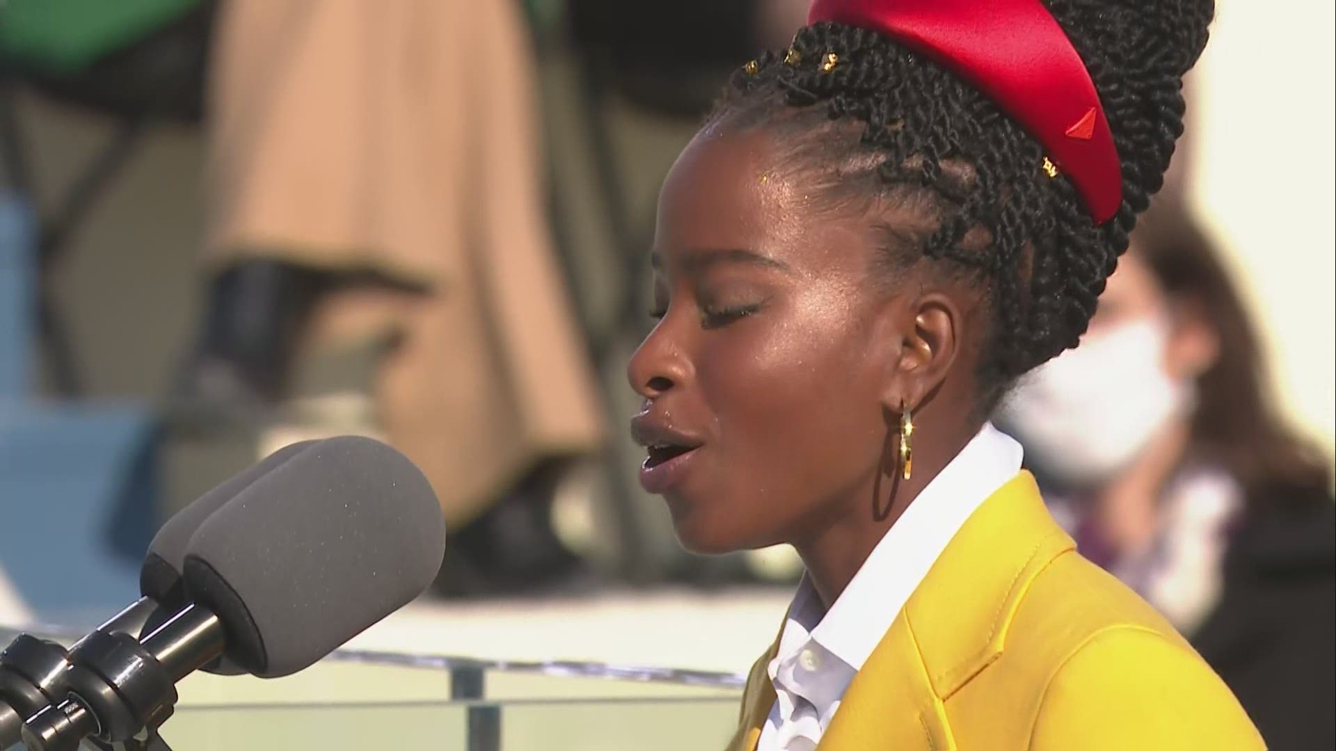 The United States Poet Laureate Amanda Gorman speaks at inauguration.