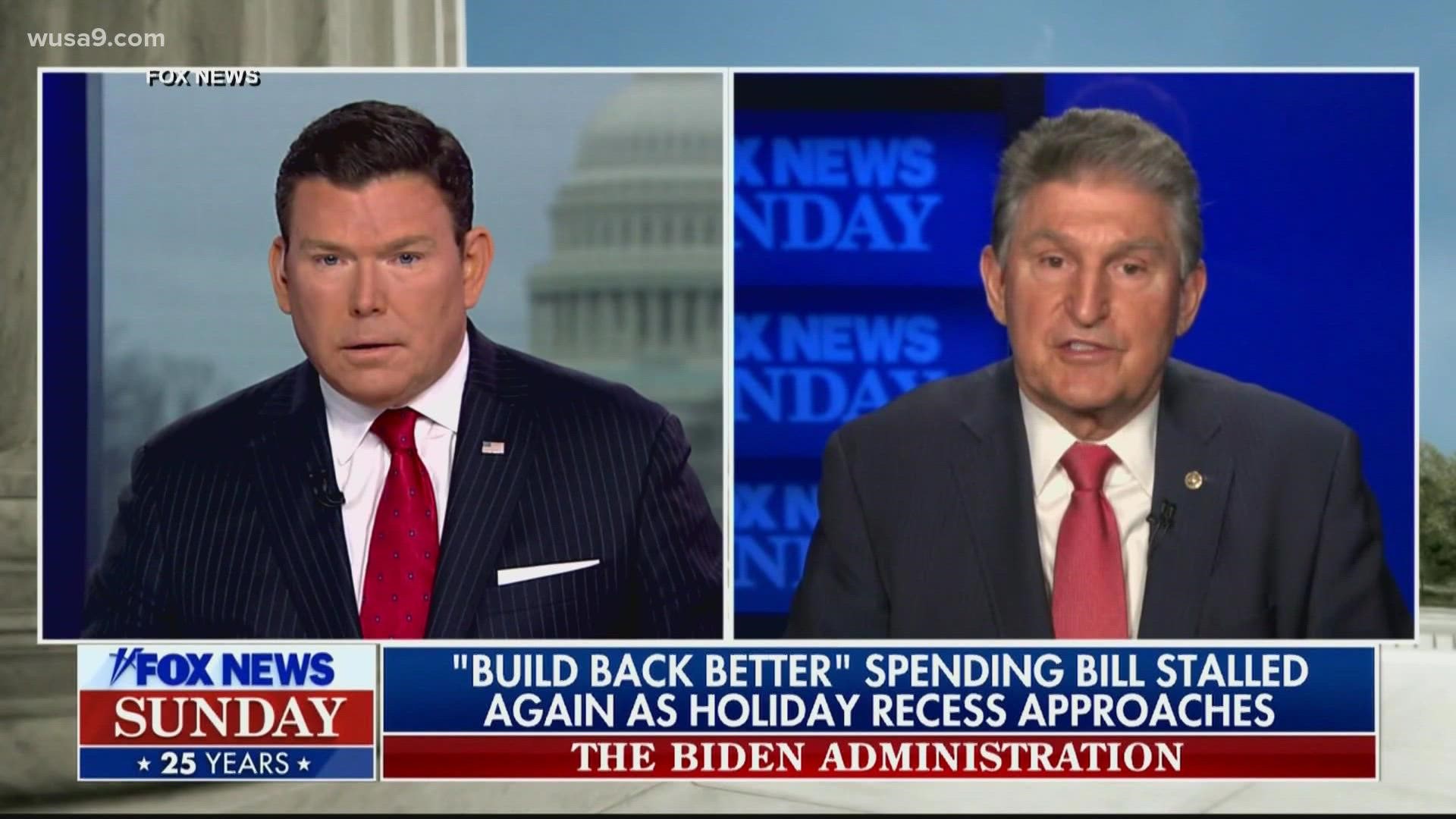 West Virginia Sen. Joe Manchin (D) announced Sunday on Fox News he does not support President Joe Biden's Build Back Better legislation.