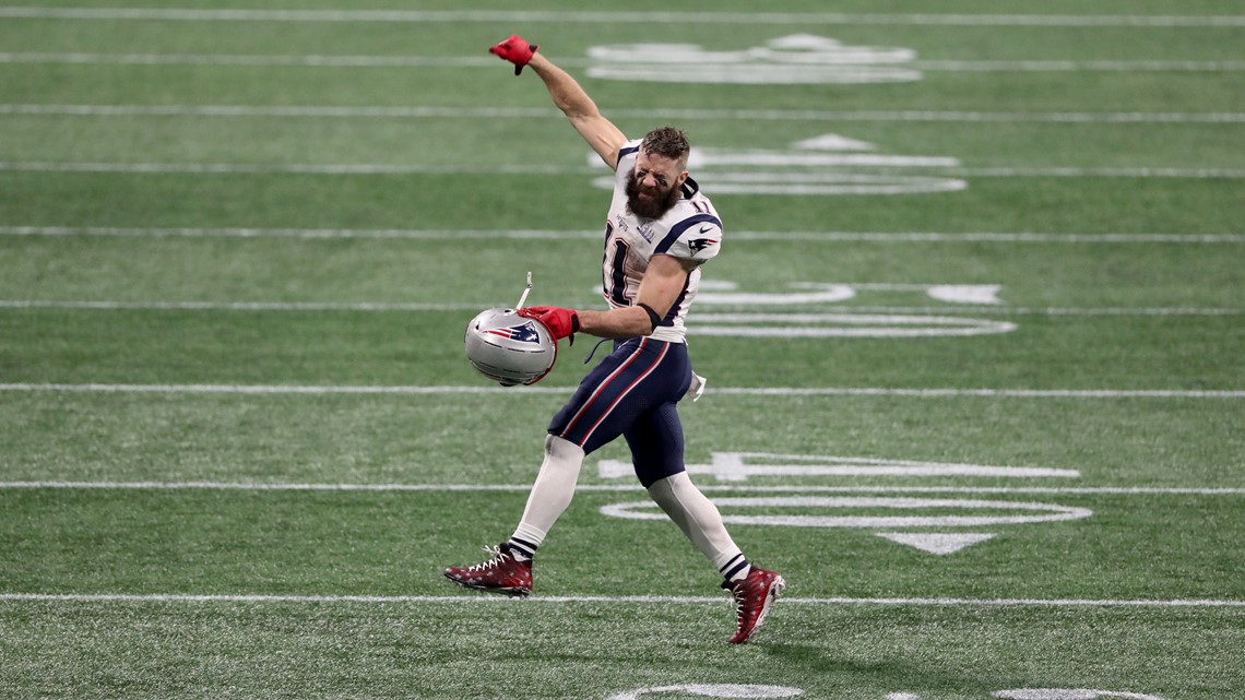 New England Patriots center David Andrews (60) celebrates a touchdown by  teammate Sony Michel (not pictured) in the fourth quarter of Super Bowl  LIII against the Los Angeles Rams at Mercedes-Benz Stadium